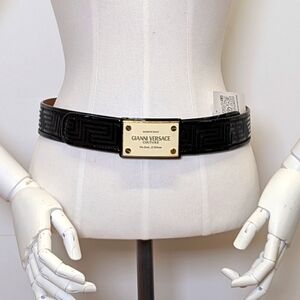 Gianni Versace Women's Quilted Leather Logo Plaque Buckle Belt, Features logo